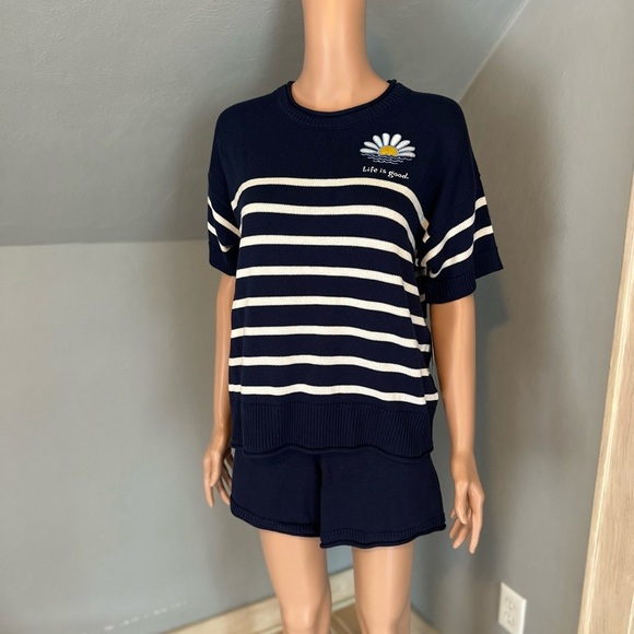 Life is Good Navy Striped Knit Lounge Set –2pc Short Sleeve Top & Shorts, Size L - Picture 3 of 6